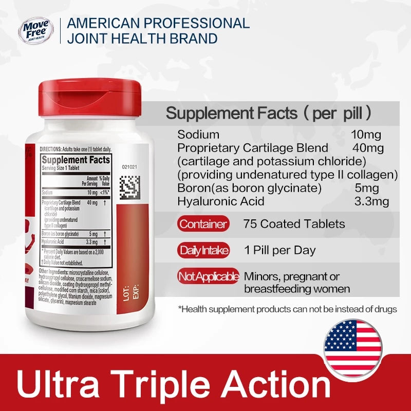 【buy 3 free 1】exp2026.06 Move Free Type II Collagen, Boron & HA Ultra Triple Action, Support and Lubrication, 75CT