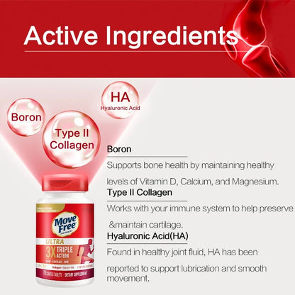 【buy 3 free 1】exp2026.06 Move Free Type II Collagen, Boron & HA Ultra Triple Action, Support and Lubrication, 75CT